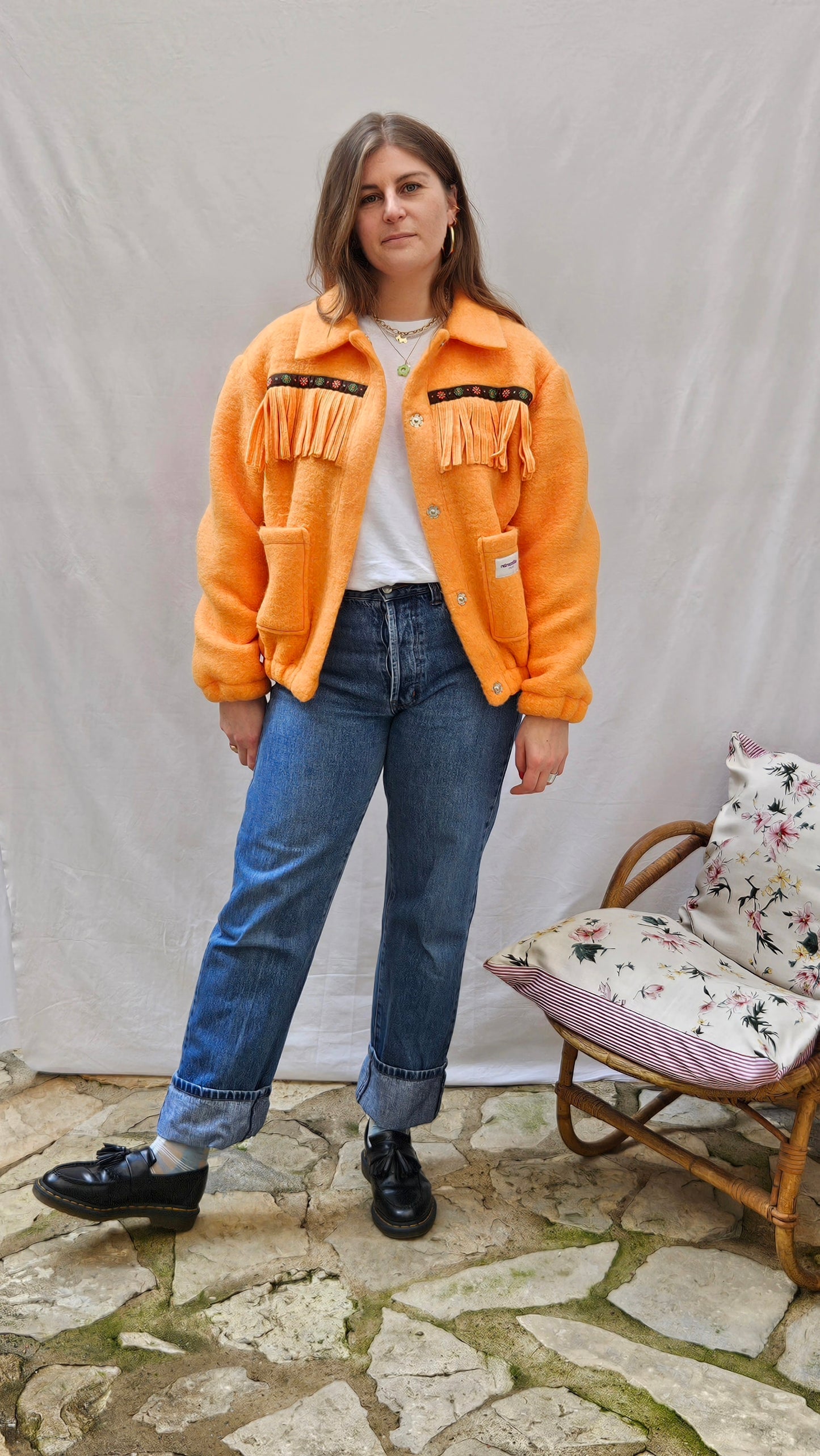 Veste couverture à franges et galon vintage