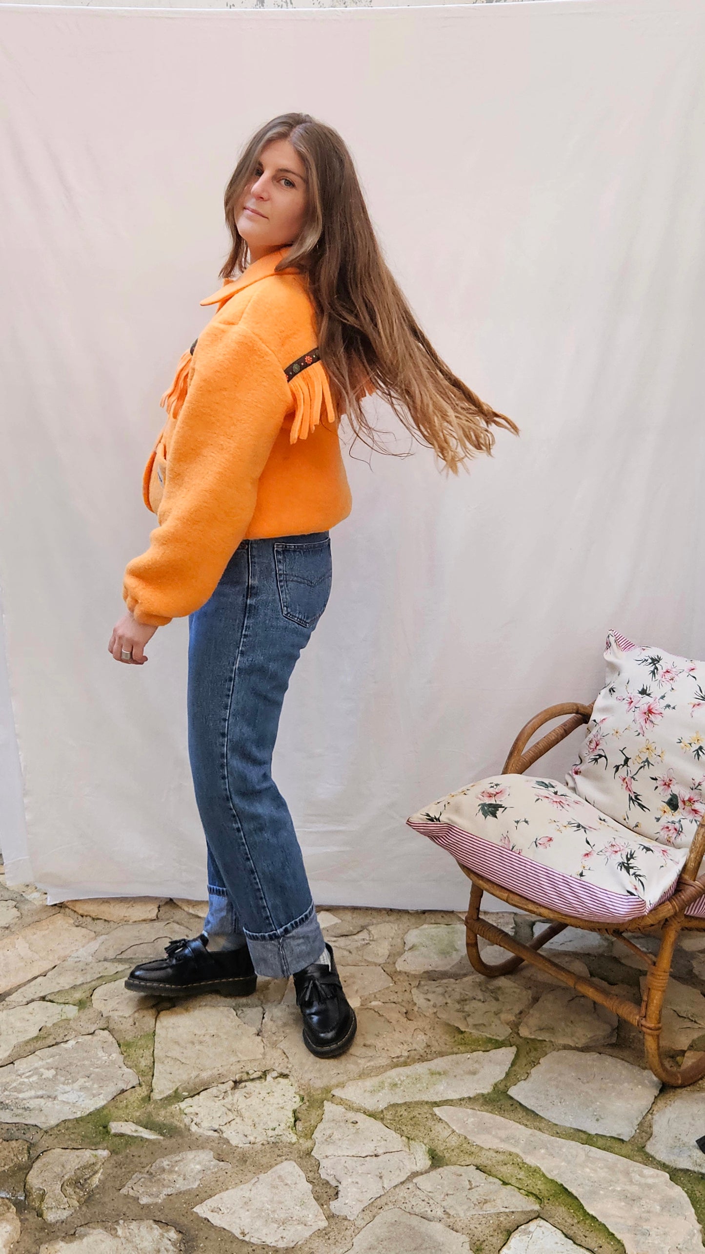 Veste couverture à franges et galon vintage