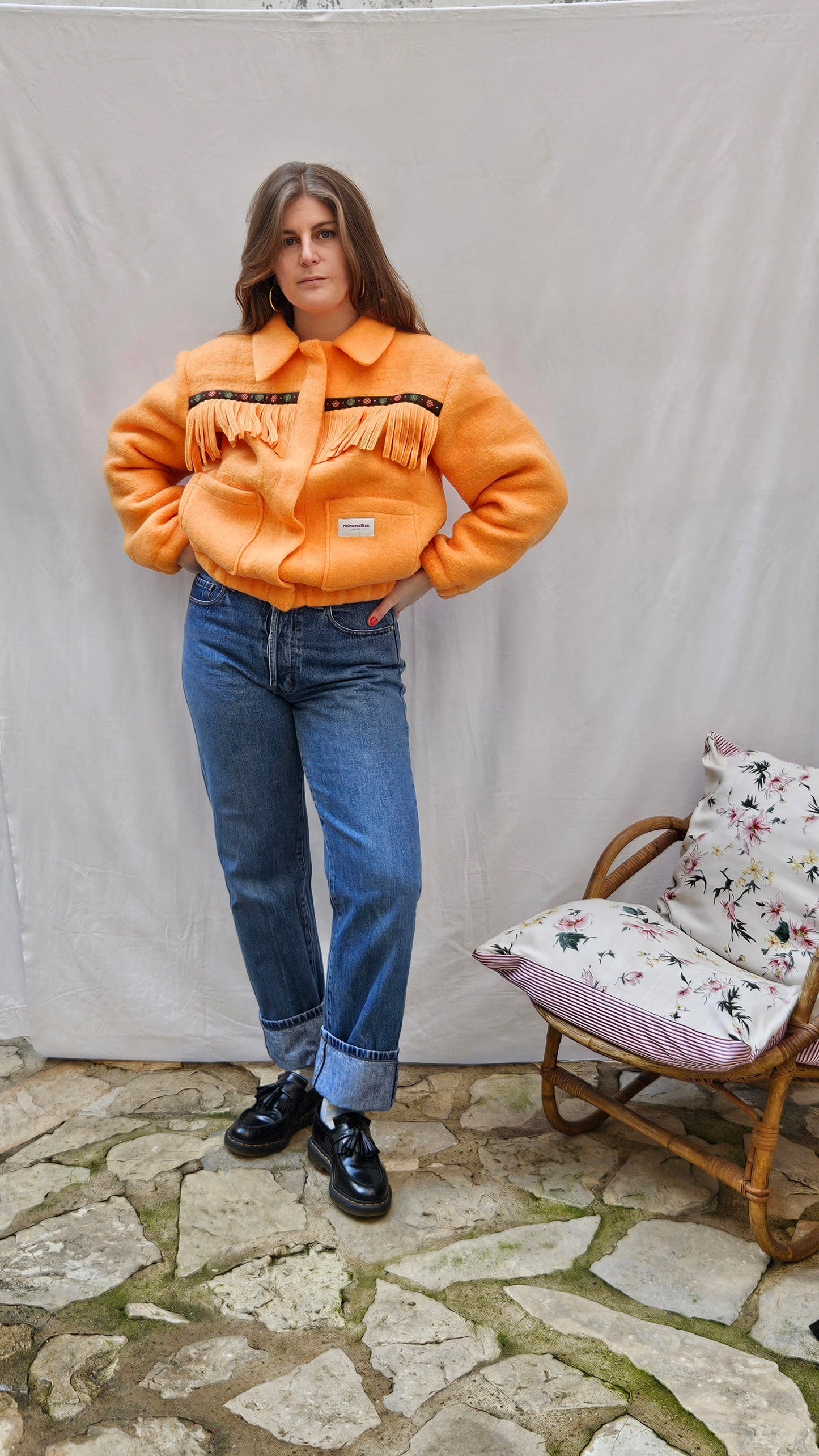 Veste couverture à franges et galon vintage