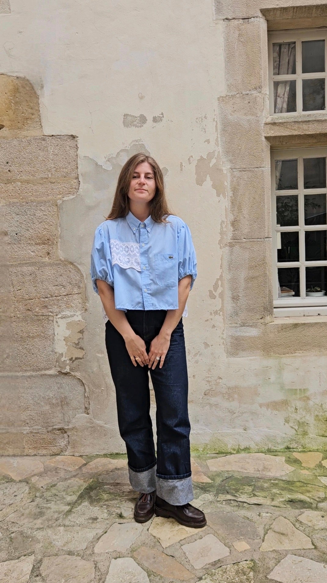 Blouse à crocodile carreaux et dentelle